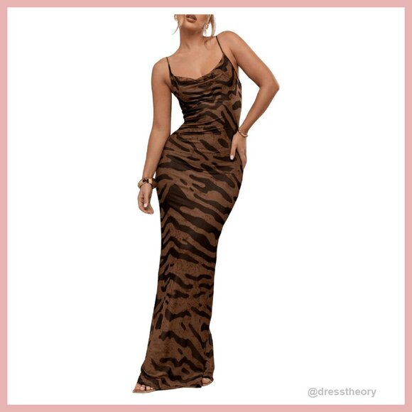 Zebra Print Maxi Dress Cowl Neck Sleeveless Open Back Formal Y2K -  threedaughtersproperties.com